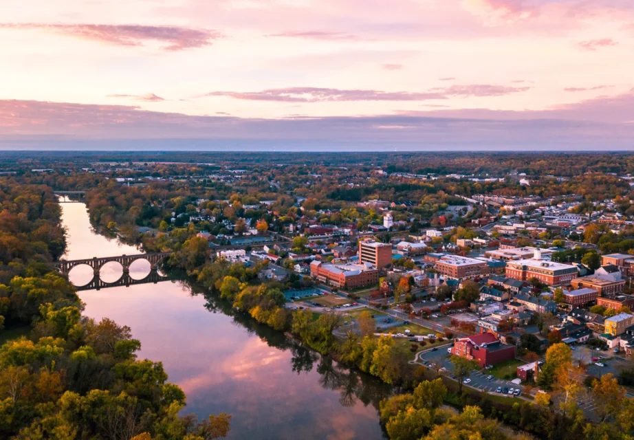 Aerial view of a Virginia river town at sunset